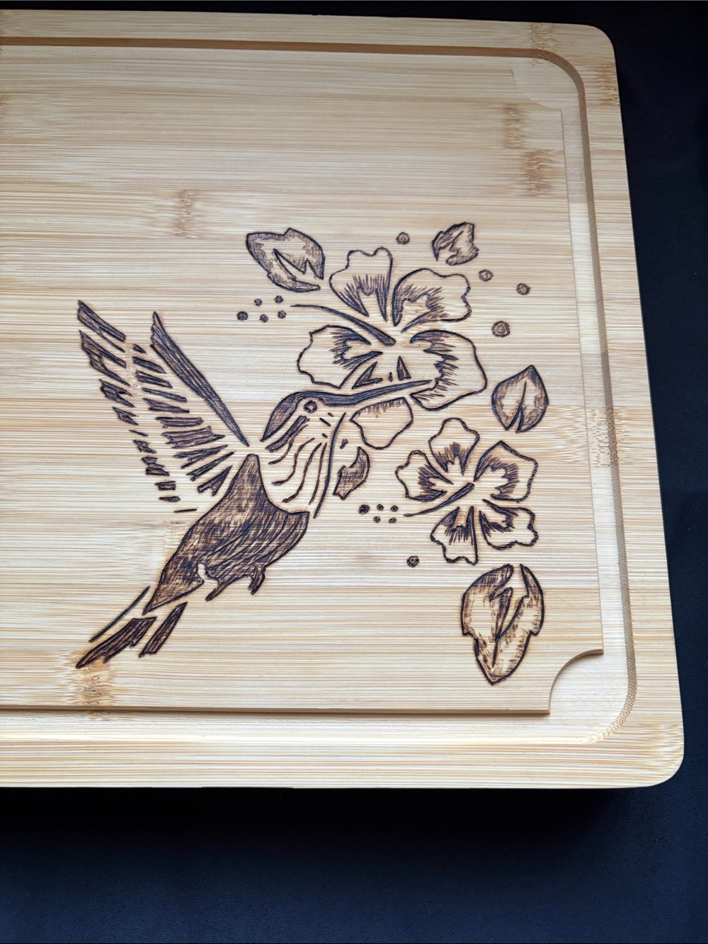 Extra Large Woodburned Bamboo Charcuterie Board with Hummingbird Design